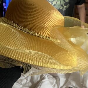 Elegant Women's Gold Hat with Ribbon Accents